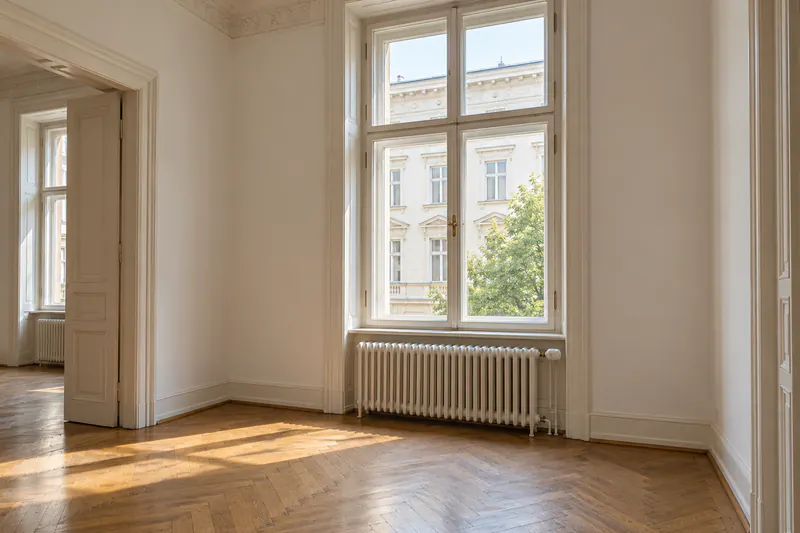 Heizkörper in einem älteren Wiener Einfamilienhaus, das auf eine Wärmepumpe umgestellt wird